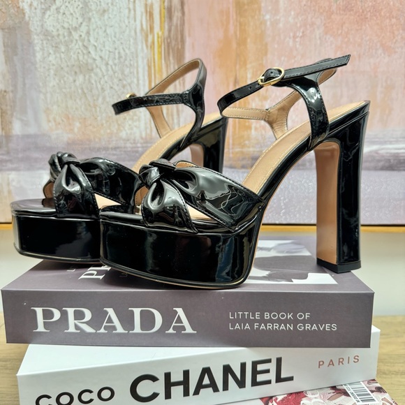 Shoes - NEW 7.5 Black Patent Platform Sandals Heels Chunky Bow Summer Wedding Strappy